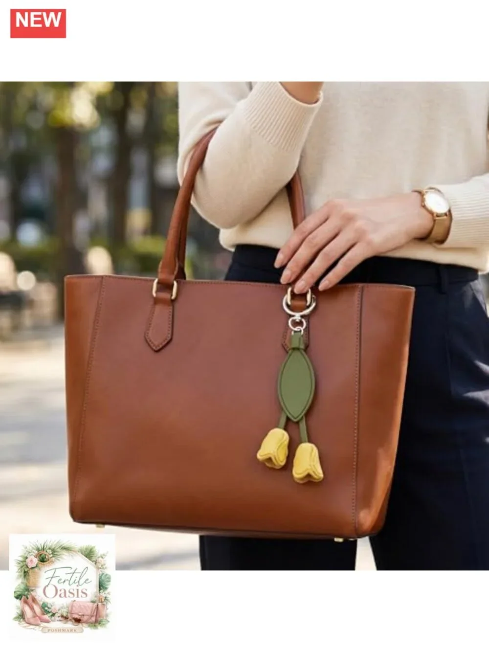 Hand-Sewn Faux Leather PU Tulip Bag Charm Keychain for Purse Wallet